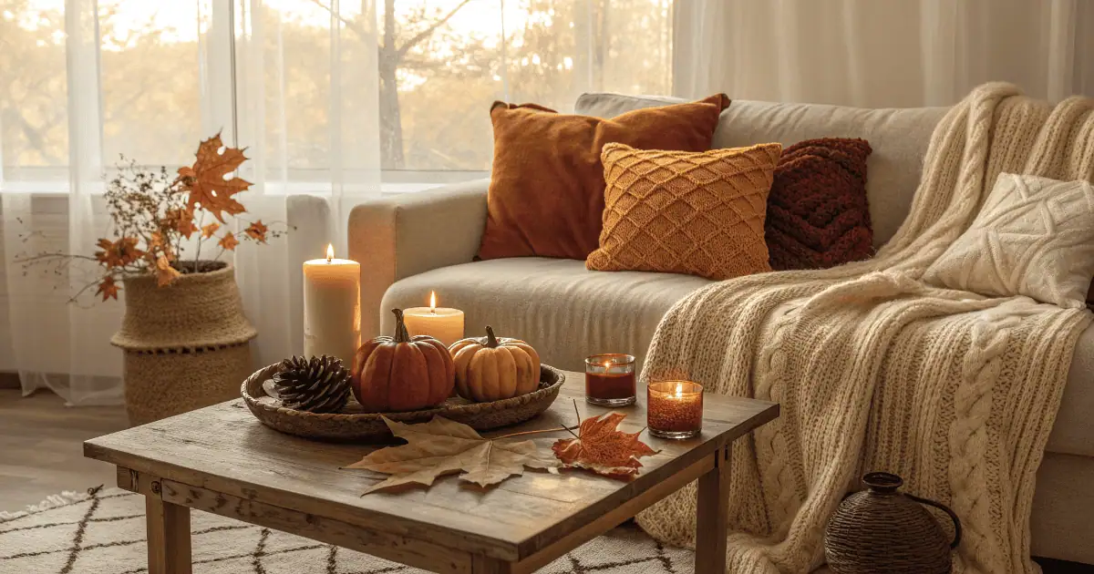 Warm autumn living room with cozy fall decor — beige sofa with velvet pillows, knitted throw, wooden coffee table with pumpkins and candles, and sunlight filtering through soft curtains, representing cozy fall decor ideas for the home.