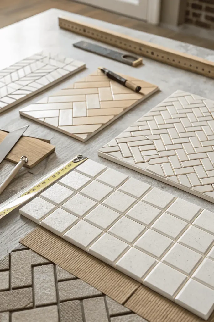 Various kitchen tile layout patterns including herringbone, subway, basketweave, and diamond designs displayed on a worktable under natural light.