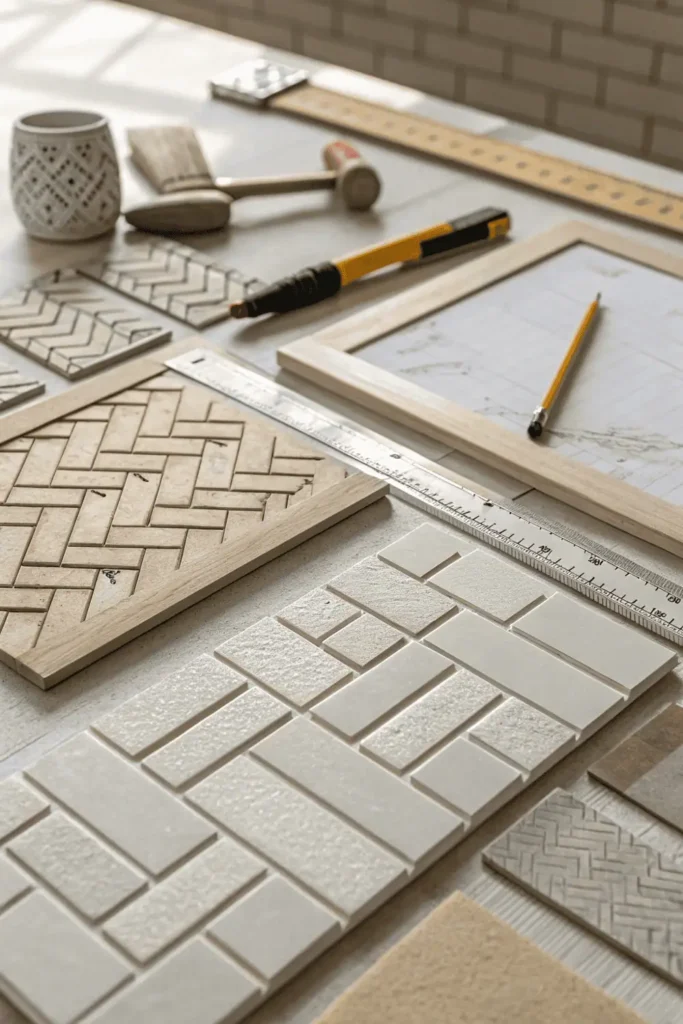 Various kitchen tile layout patterns including herringbone, subway, basketweave, and diamond designs displayed on a worktable under natural light.