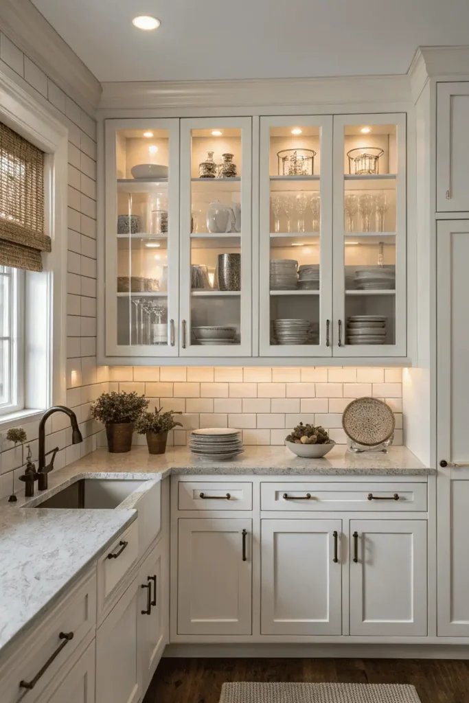 Modern farmhouse kitchen with frosted glass-front cabinets, white shaker frames, and quartz countertops for a bright elegant look.