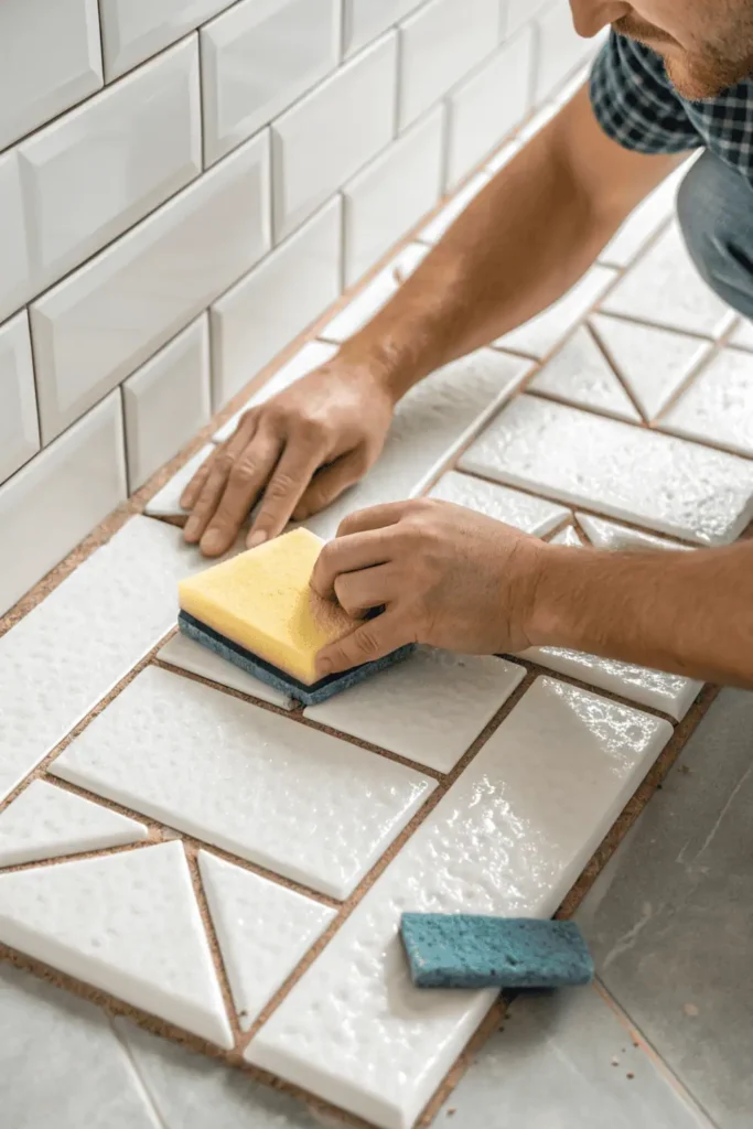 Hands applying grout between kitchen tiles with a rubber float, showing smooth filling of joints and cleaning for a polished, sealed finish.