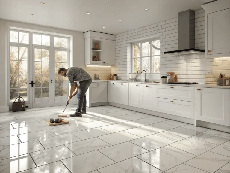 Modern kitchen with porcelain floor tiles, white cabinets, and subway backsplash, showing tile installation process with tools and sunlight enhancing a clean, elegant, and practical kitchen design.
