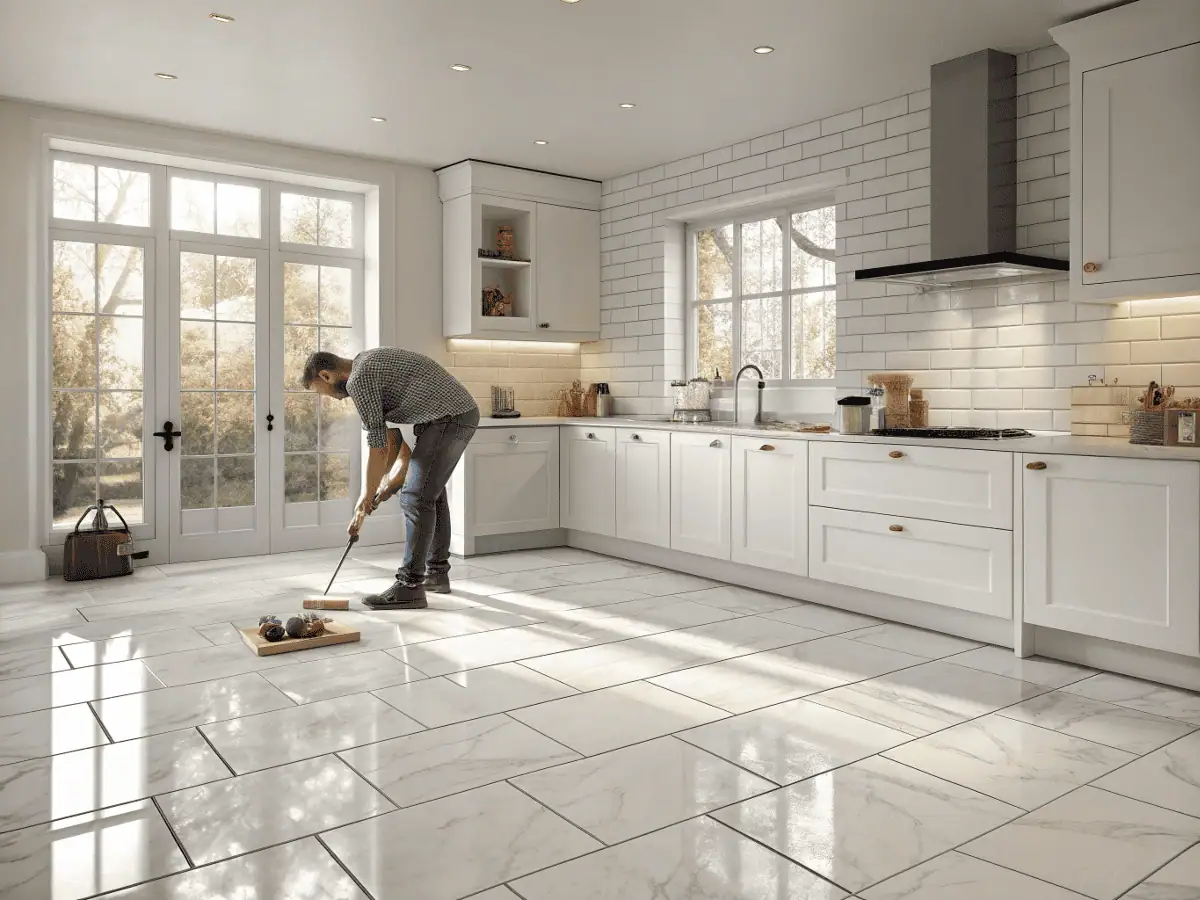 Modern kitchen with porcelain floor tiles, white cabinets, and subway backsplash, showing tile installation process with tools and sunlight enhancing a clean, elegant, and practical kitchen design.