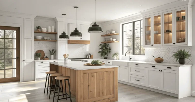 Modern kitchen cabinets in white and natural wood with text overlay “Kitchen Cabinets Ideas: A Complete Guide for Beginners,” beginner-friendly stylish kitchen design.