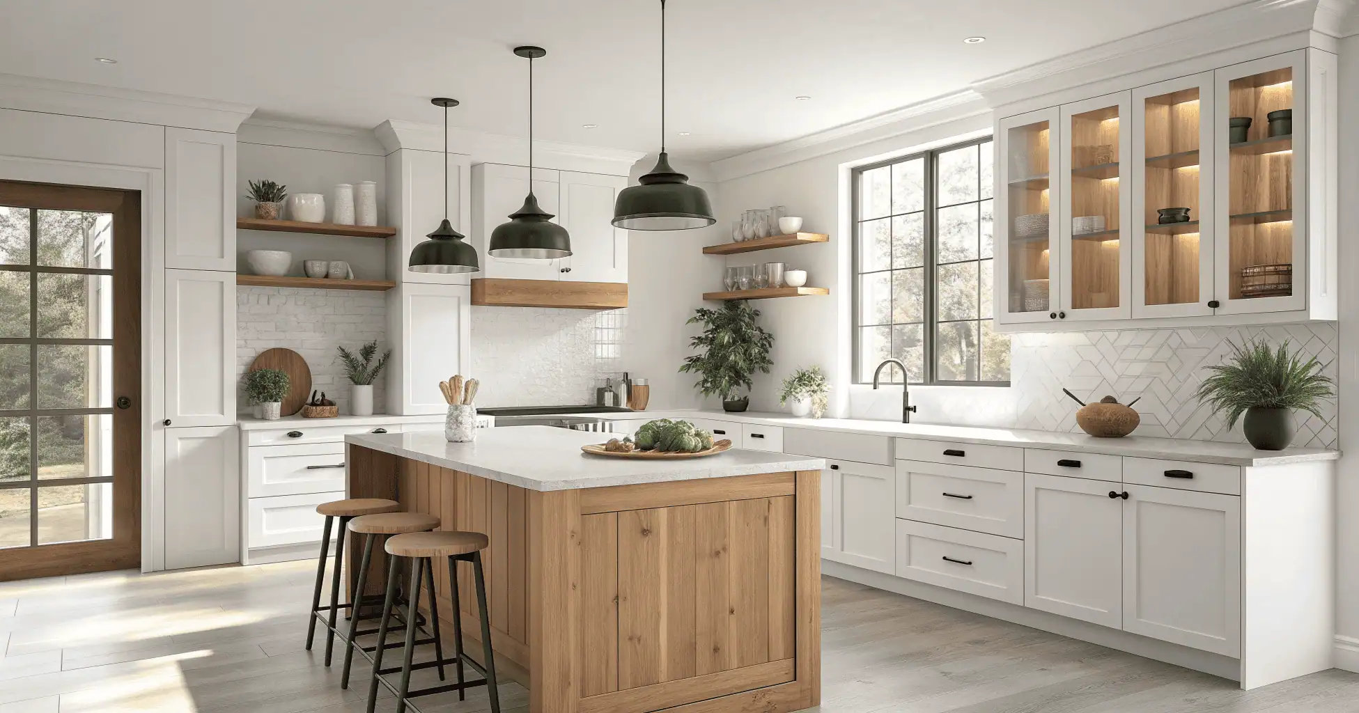 Modern kitchen cabinets in white and natural wood with text overlay “Kitchen Cabinets Ideas: A Complete Guide for Beginners,” beginner-friendly stylish kitchen design.