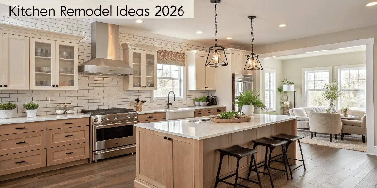 Modern kitchen remodel ideas 2026 with central island, smart appliances, wood accents, and elegant lighting in a cozy open layout.