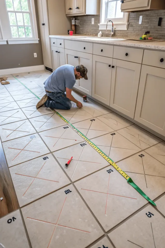 Tiles arranged on a kitchen floor with spacers and chalk lines for a dry fit, showing alignment planning before applying adhesive for accurate and balanced installation.