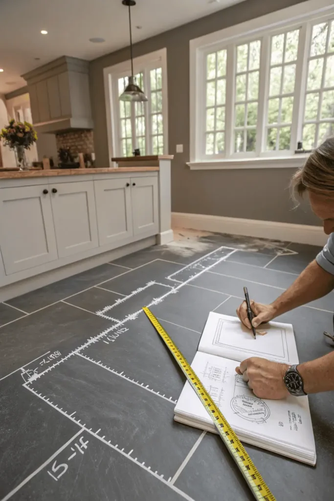 Person measuring kitchen floor and backsplash using tape and notepad, planning tile layout with chalk lines and layout sketch for accurate tiling and minimal material waste.
