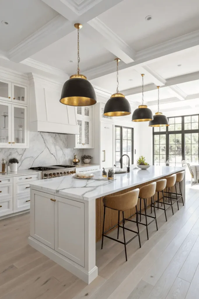 Modern kitchen island with clustered pendant lights in matte black and gold.