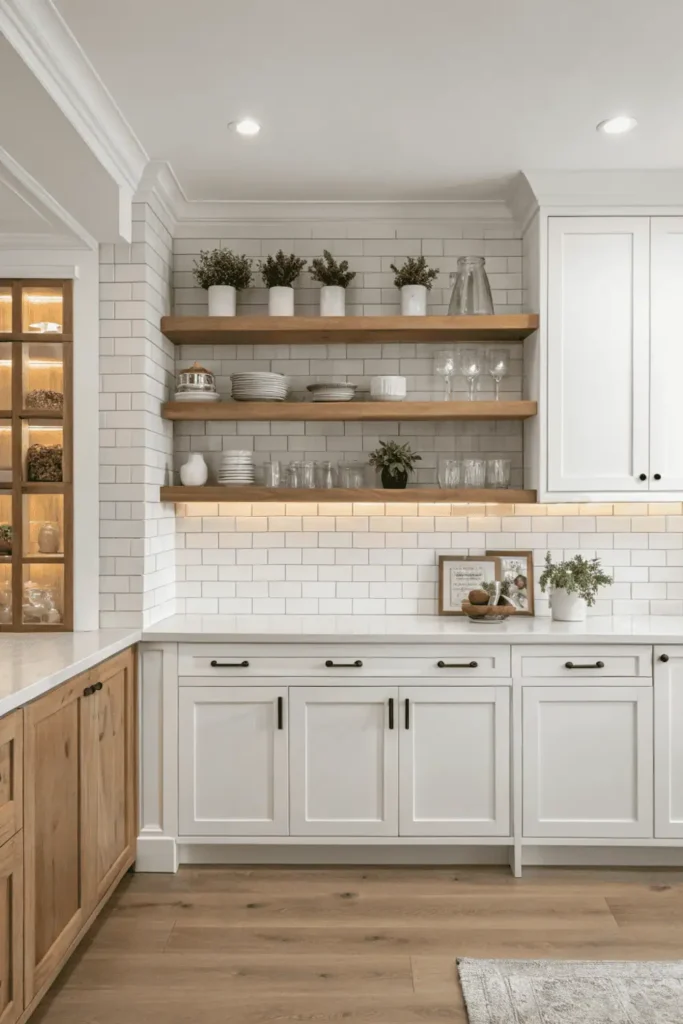 Kitchen with a mix of natural wood open shelves and white closed cabinets, combining style and hidden storage.