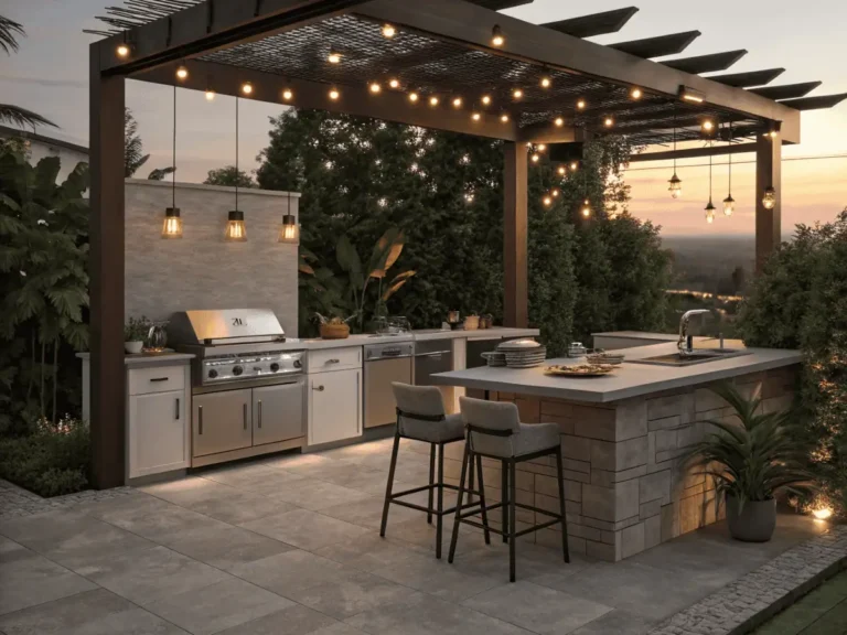 Modern outdoor kitchen with stainless-steel grill, stone counters, and wooden pergola surrounded by warm lighting and plants.