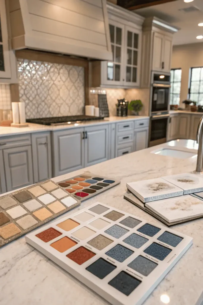 Designer selecting kitchen tile color palette with samples in white, beige, gray, navy, and terracotta tones placed on a countertop beside matching paint swatches.