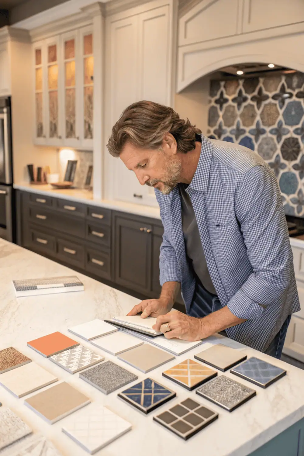 Designer selecting kitchen tile color palette with samples in white, beige, gray, navy, and terracotta tones placed on a countertop beside matching paint swatches.