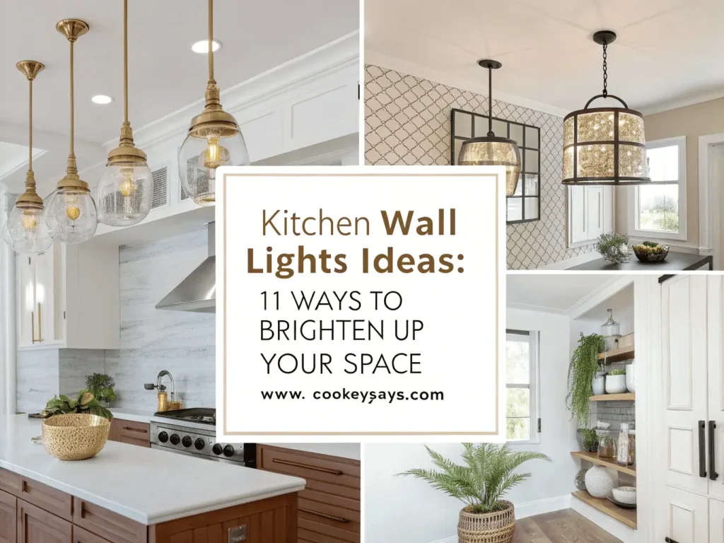 Modern kitchen collage showing multiple wall light designs — brass sconces, rattan lanterns, and glass globes — arranged around a central title box with bright, natural lighting and warm tones.
