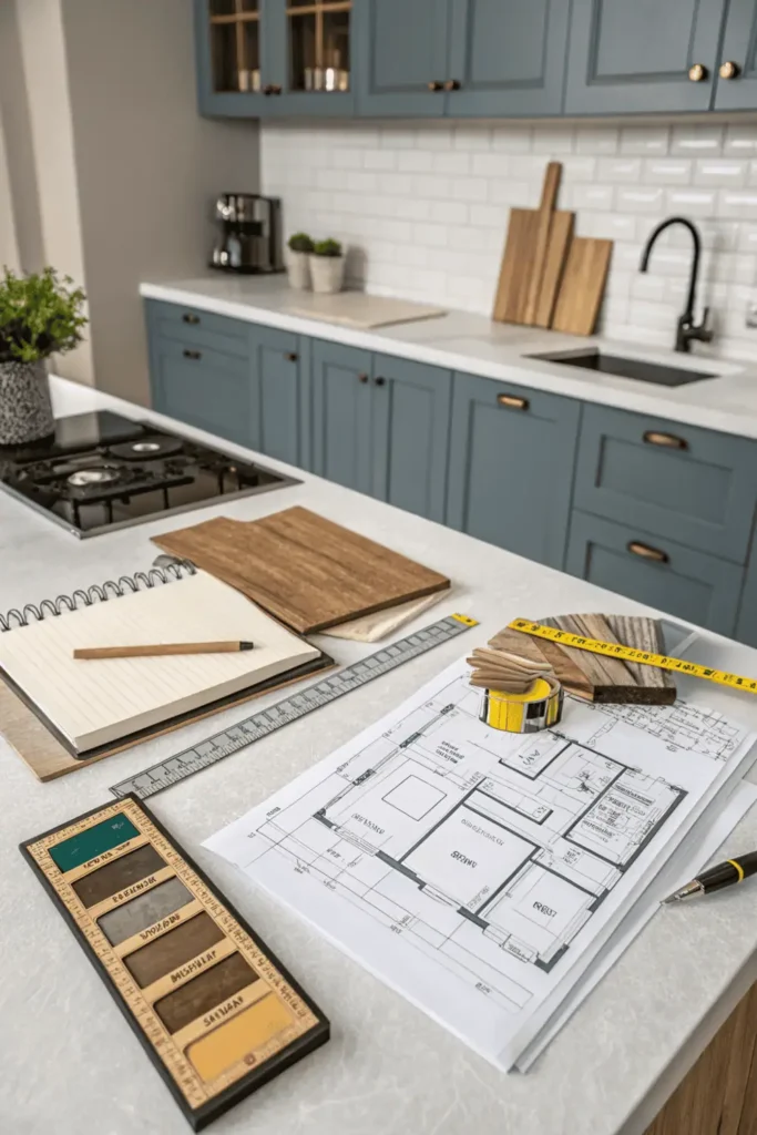 Kitchen design planning with cabinet samples, hardware, and layout sketches highlighting budgeting, measurements, and durability choices.