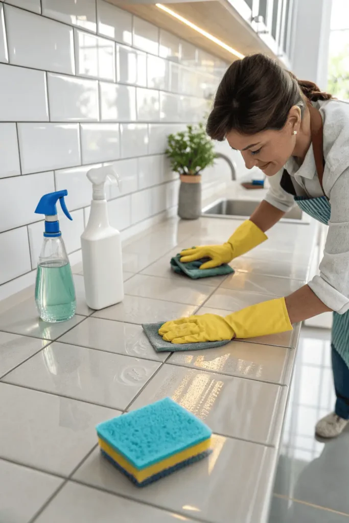 Person cleaning kitchen tiles with a microfiber cloth and mild cleaner in a bright modern kitchen, demonstrating easy maintenance and care routine.