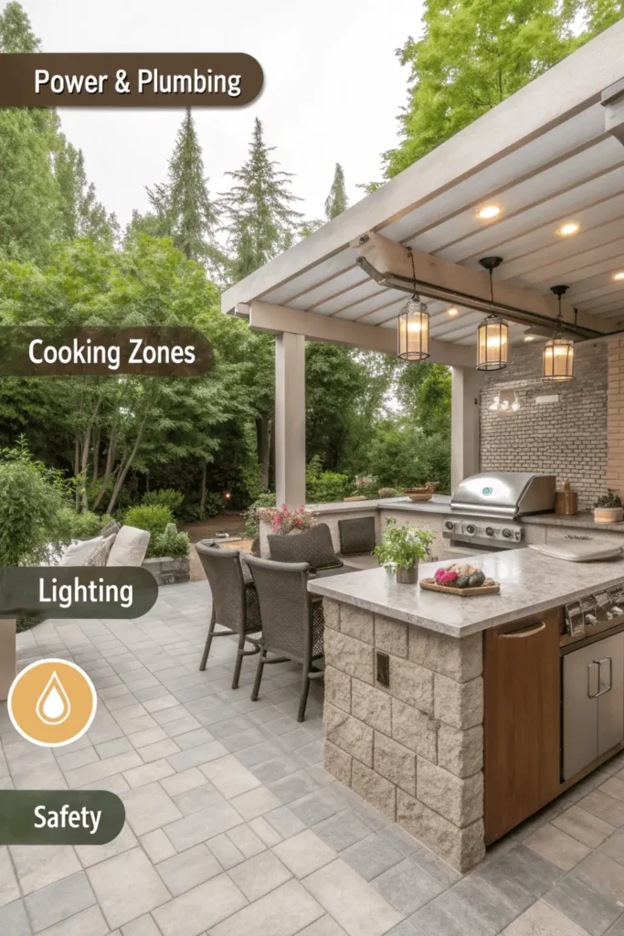 Well-organized outdoor kitchen with grill, counter, and seating area featuring labeled icons for power setup, lighting, cooking zones, and safety tips.