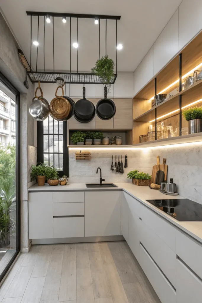 Bright small kitchen with open shelving and under-cabinet lighting showing practical design tips.