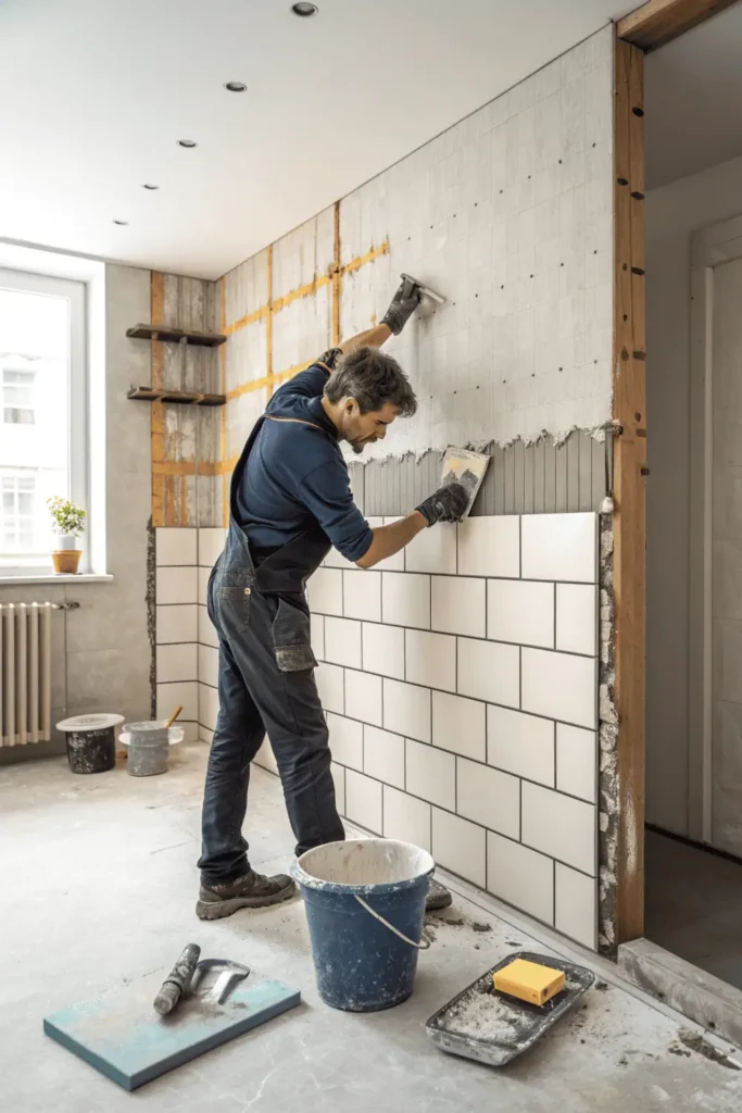 Person cleaning and leveling a kitchen wall, applying cement backer board, and preparing a flat surface before installing new tiles for a durable and smooth kitchen finish.