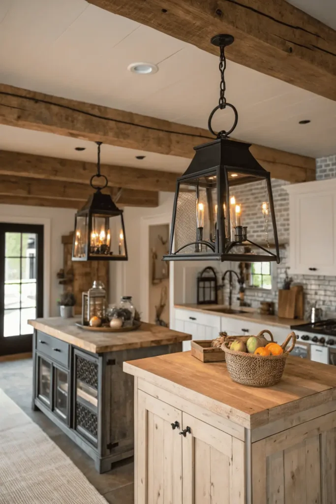 Rustic farmhouse kitchen with two black metal lantern lights over a wooden island.