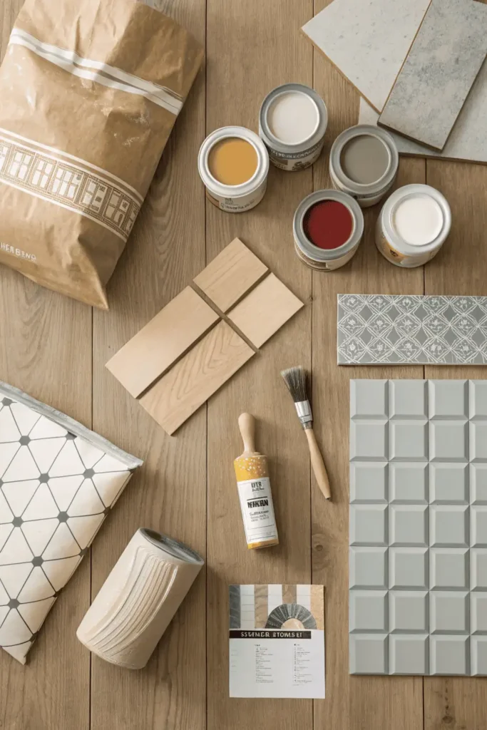 Ceramic and porcelain tile samples with adhesive, grout, and tools arranged on a wooden surface, showing materials used for durable and stylish kitchen tile installation.