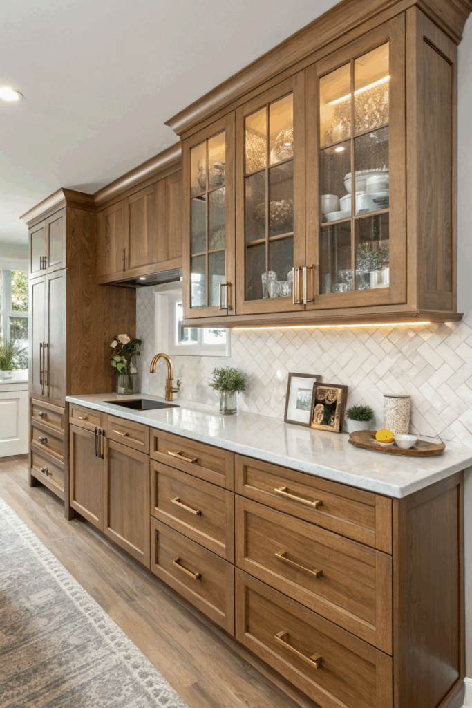 Suburban kitchen with semi-custom wood cabinets, brass hardware, and quartz countertops combining flexibility and style.