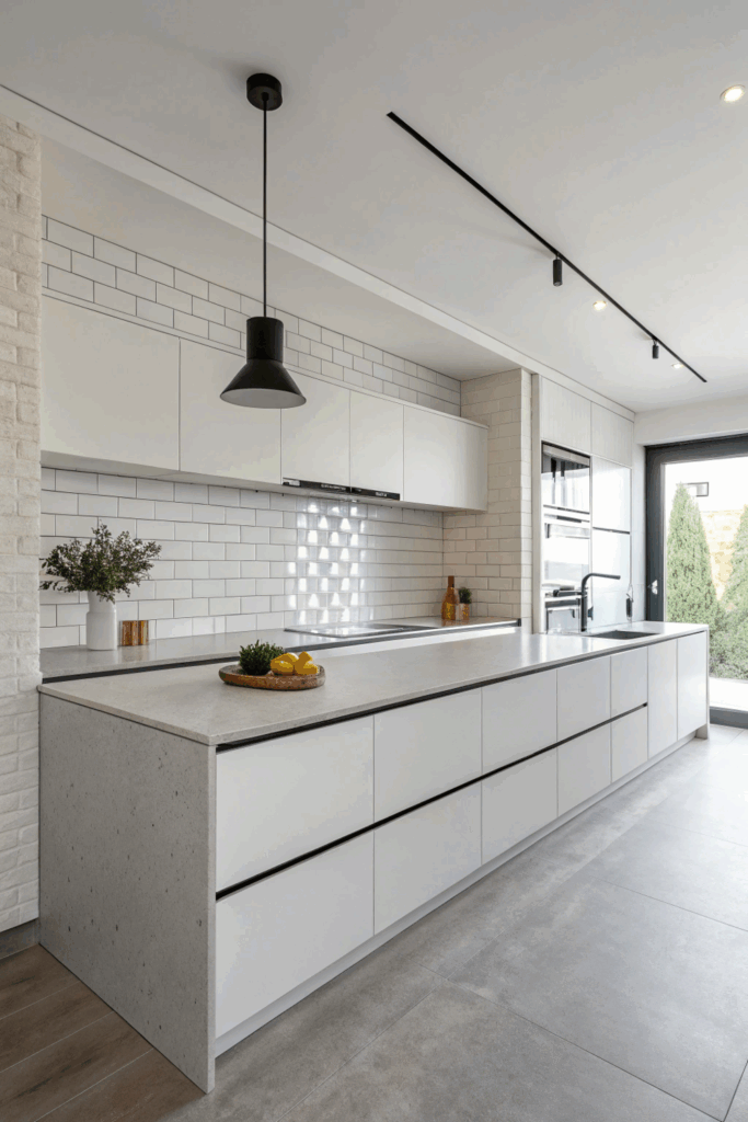 Minimalist kitchen with matte white handleless cabinets, quartz countertop, and simple backsplash for a clean modern look.