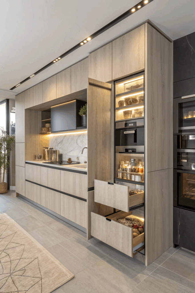Modern kitchen with smart cabinets featuring LED-lit drawers, pull-out pantry, and built-in charging station for convenience and style.
