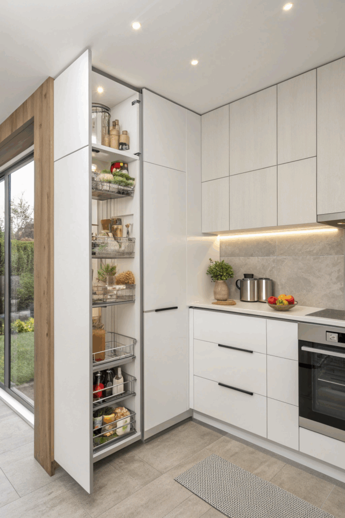 Small modern kitchen with tall white cabinets, pull-out pantry, and corner carousel shelves for smart space-saving storage.