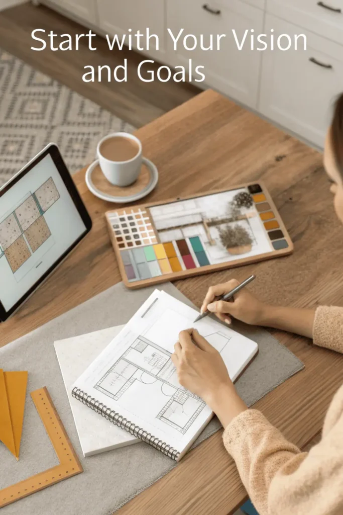Person planning 2026 kitchen remodel with layout sketches, color swatches, and renovation notes on a bright wooden table.