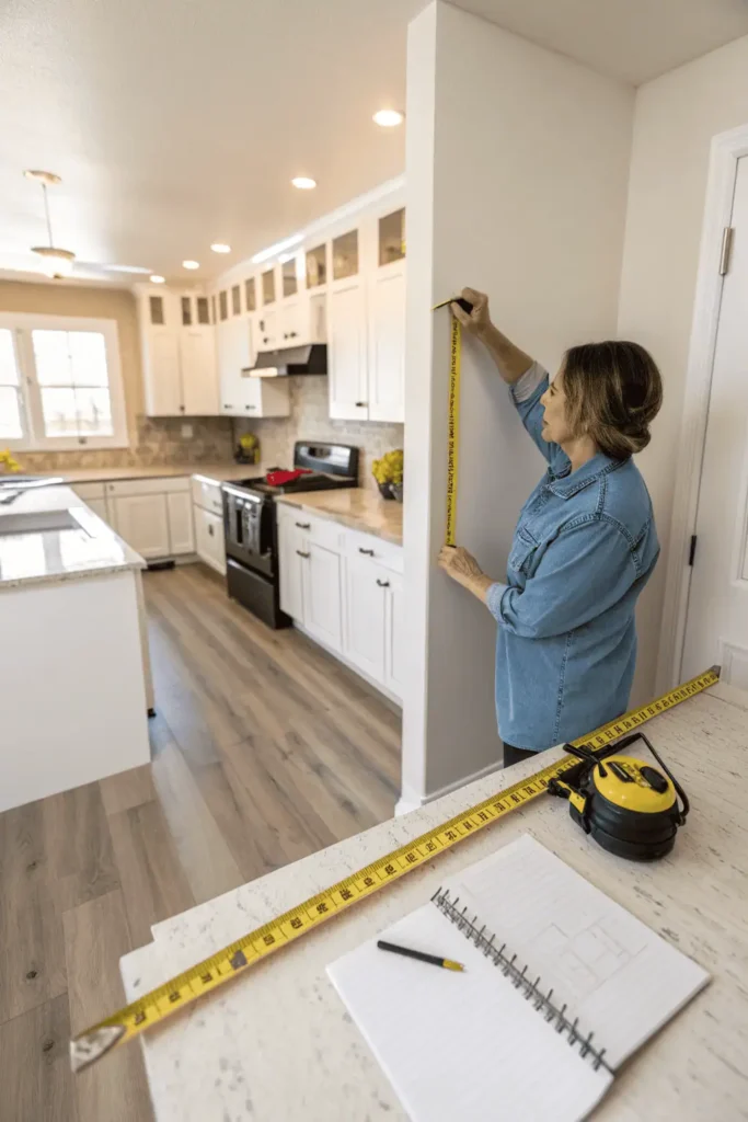 Homeowner measuring kitchen wall with tape measure and notepad on counter to plan cabinet layout in a bright modern kitchen.