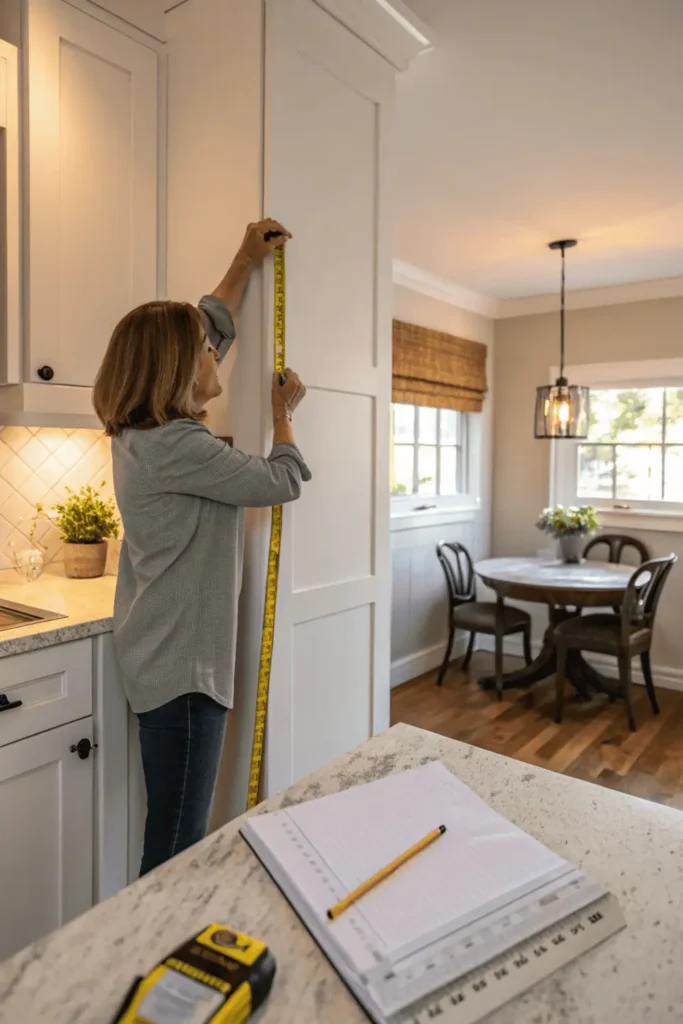Person measuring a compact kitchen layout with tape measure and sketch pad to assess available space before design planning.