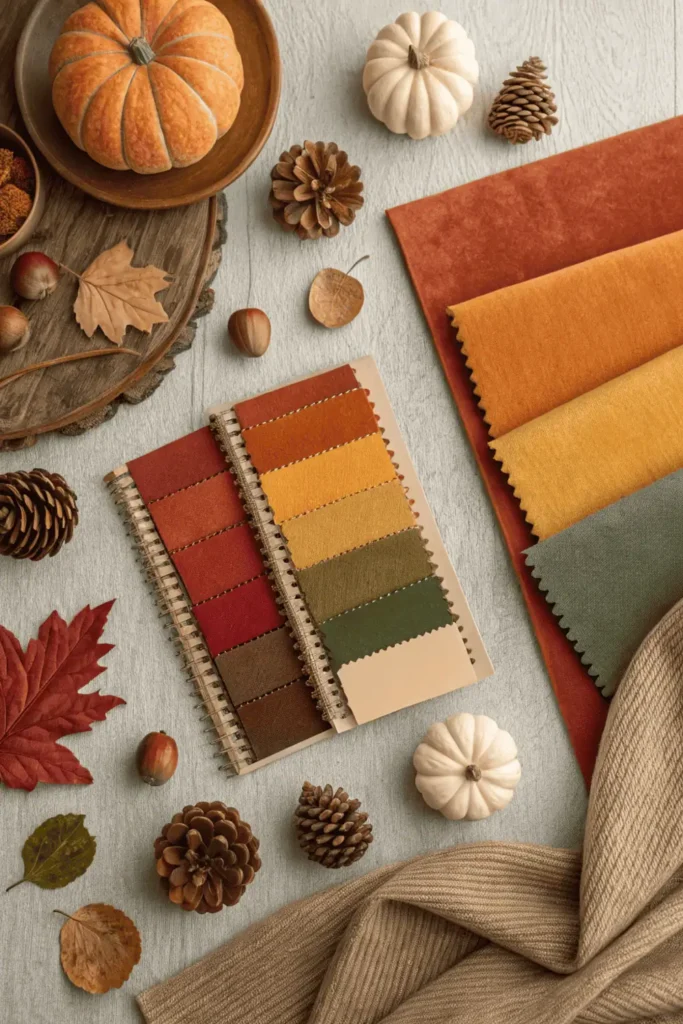 Flat lay of warm fall color palette with fabric swatches in burnt orange, mustard, olive green, and beige, surrounded by pumpkins and leaves—showing how to choose a base palette for cozy fall home décor.