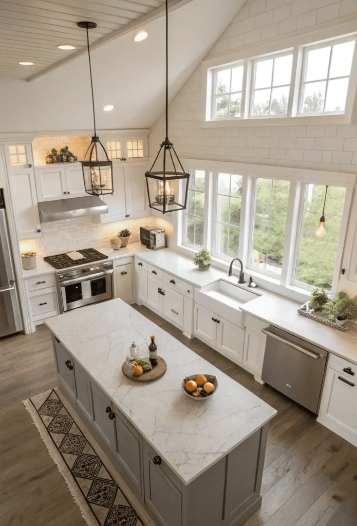 Top view of a modern kitchen layout with an island, stove, sink, and refrigerator arranged efficiently for easy cooking and movement
