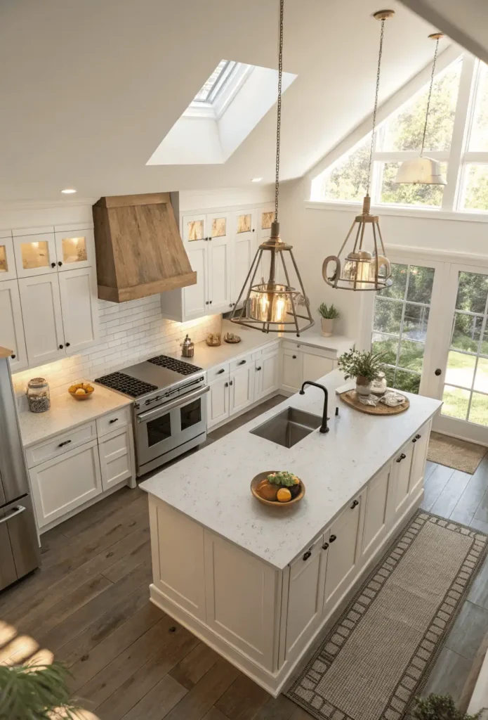 Top view of a modern kitchen layout with an island, stove, sink, and refrigerator arranged efficiently for easy cooking and movement