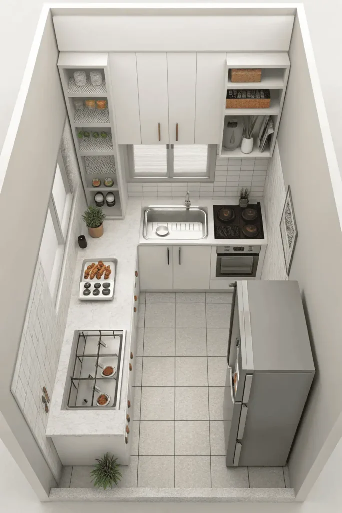 Modern small kitchen with an efficient L-shaped layout featuring compact appliances and organized work zones.