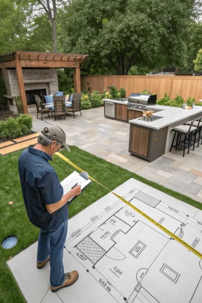 Homeowner evaluating backyard areas to choose the right location for an outdoor kitchen, considering sunlight, wind direction, and proximity to the house.