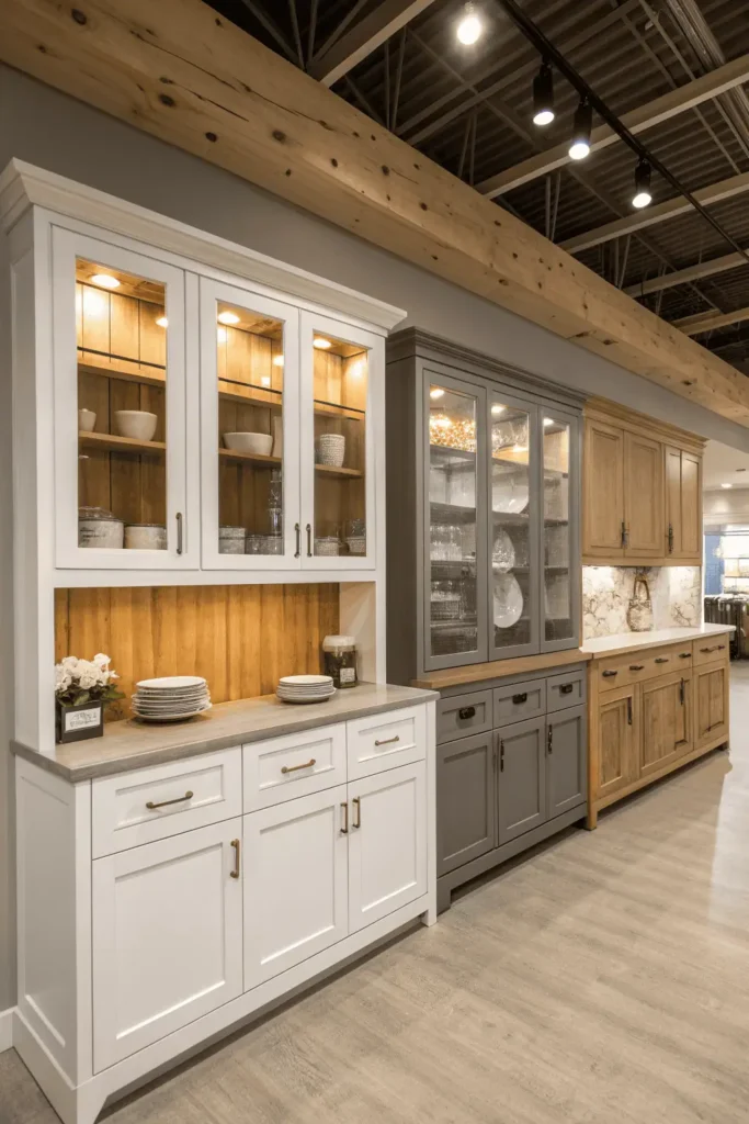 Kitchen showroom displaying shaker, flat-panel, farmhouse, and glass-front cabinets in white, gray, and wood finishes under warm lighting.