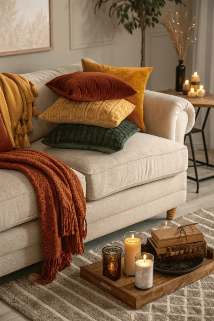 Cozy fall living room with layered knit throws, velvet cushions, and warm-toned textiles in rust, mustard, and olive green—illustrating how to swap or layer textiles for inviting fall home décor.