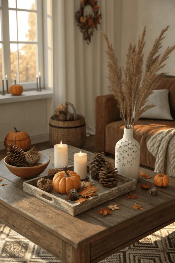 Rustic fall home décor setup with pumpkins, pinecones, candles, and dried pampas grass on a wooden table—showing how to add natural, seasonal elements for cozy autumn-inspired home decoration.