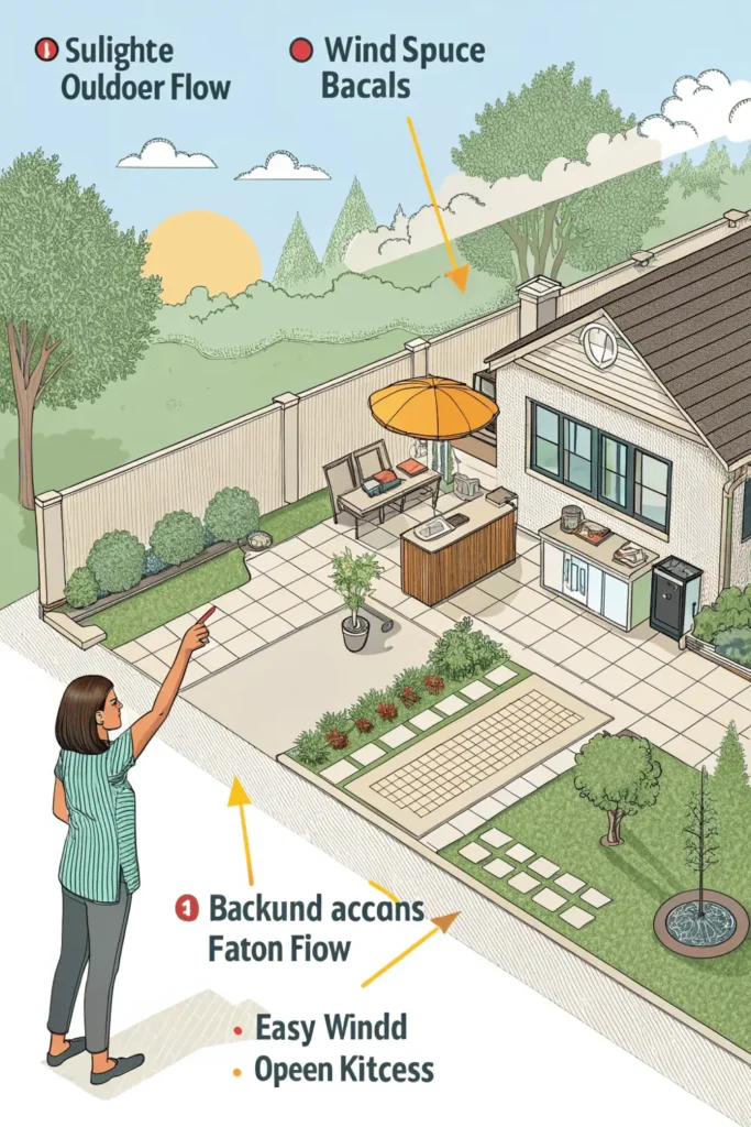 Top-down view of an outdoor kitchen layout plan with labeled zones for grill, sink, and dining area, showing different design options like L-shaped and island layouts.