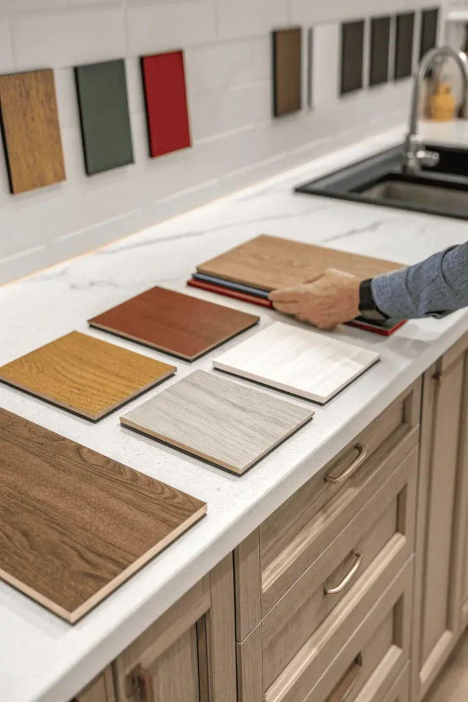 Close-up of kitchen cabinet material samples including wood, MDF, and laminate, with a hand comparing options against a cabinet door.