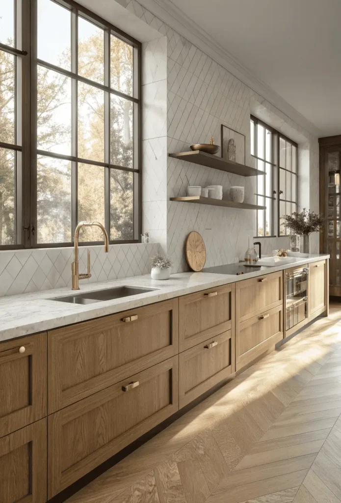Contemporary kitchen featuring quartz countertops, wooden cabinets, ceramic tile backsplash, and elegant brass fixtures in natural daylight