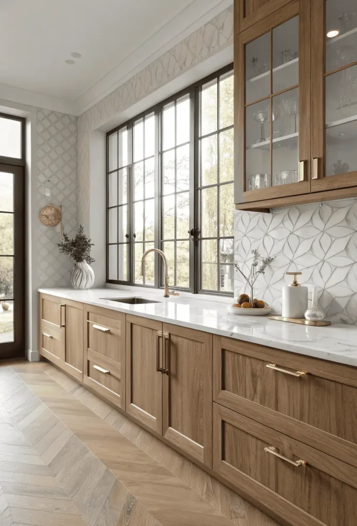 Contemporary kitchen featuring quartz countertops, wooden cabinets, ceramic tile backsplash, and elegant brass fixtures in natural daylight