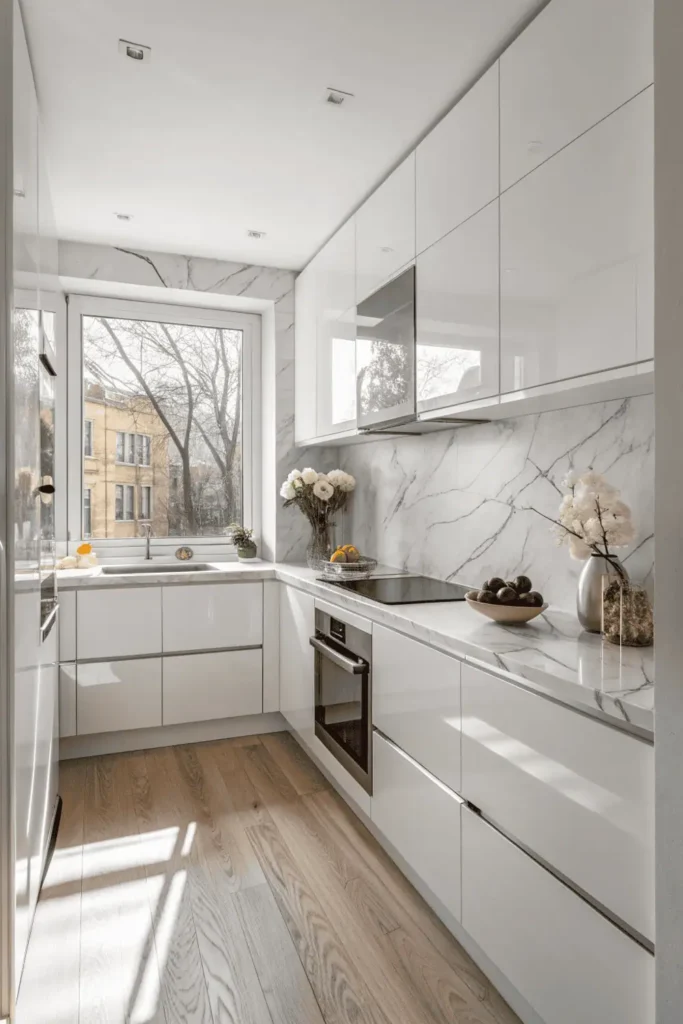 Bright tiny kitchen with white cabinets, glossy surfaces, and natural light creating a spacious look.