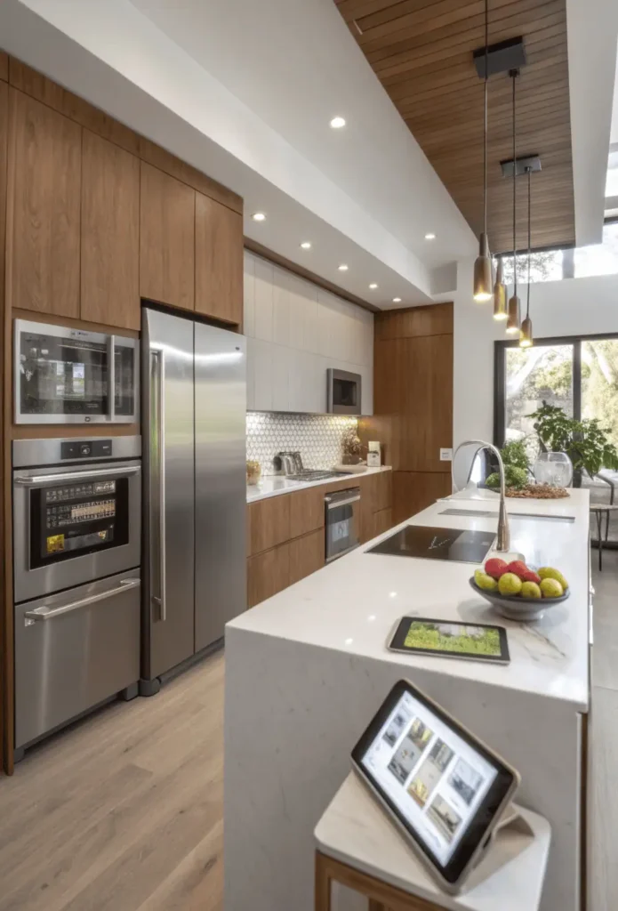 Modern smart kitchen with stainless steel appliances, digital oven, under-cabinet LED lights, and a tablet displaying recipes on the island