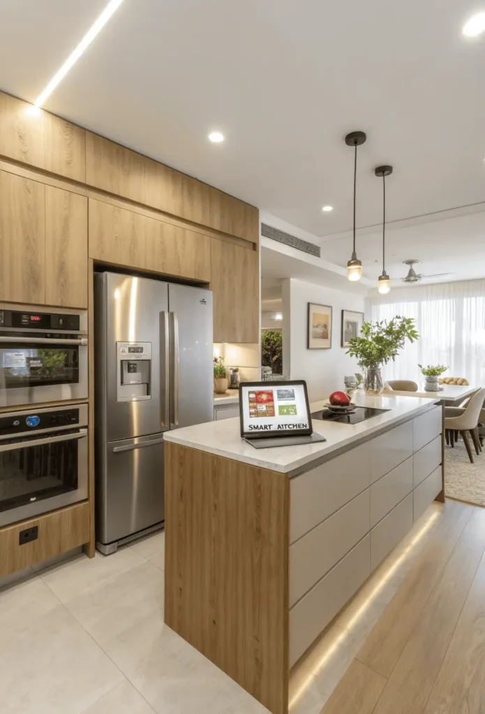 Modern smart kitchen with stainless steel appliances, digital oven, under-cabinet LED lights, and a tablet displaying recipes on the island