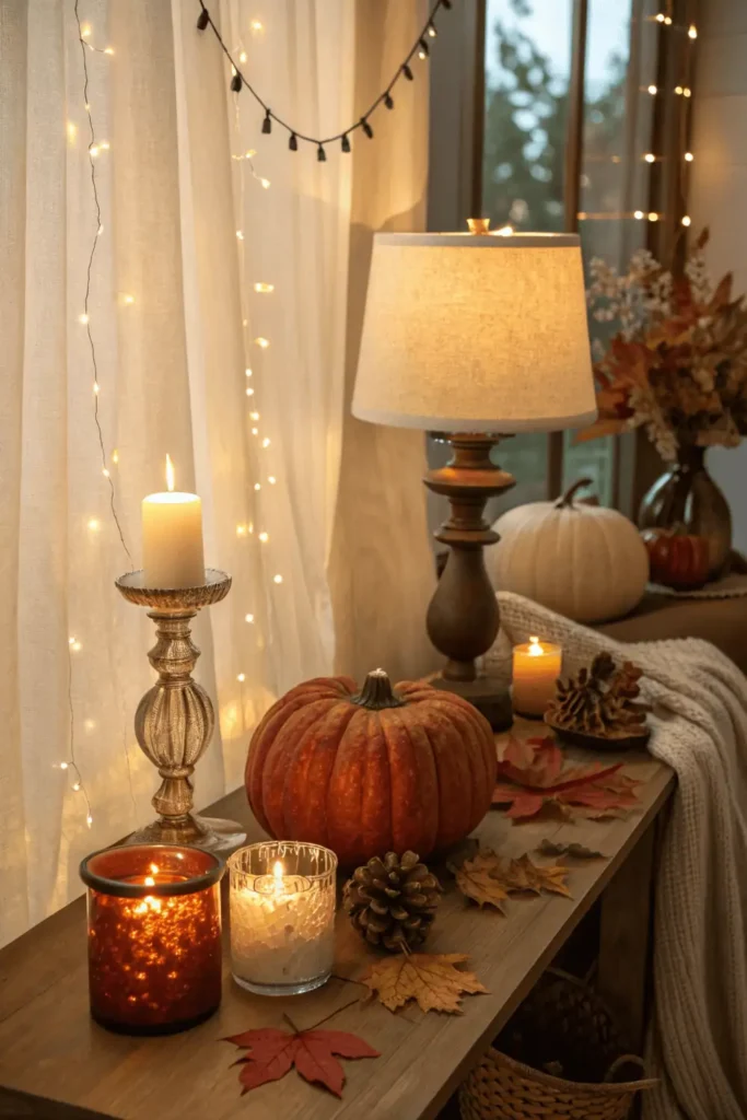 Warm fall living room with glowing candles, soft table lamps, and string lights creating a cozy ambiance—illustrating how to adjust lighting and ambiance for autumn-inspired home décor.