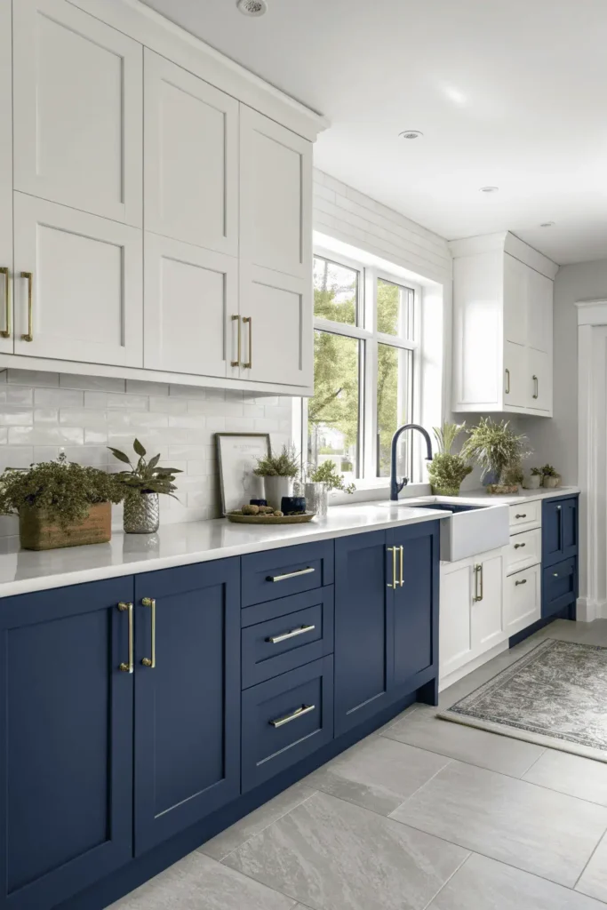 Modern kitchen with two-tone cabinets, white uppers and navy lowers, accented with metallic handles and natural sunlight highlighting the contrast.