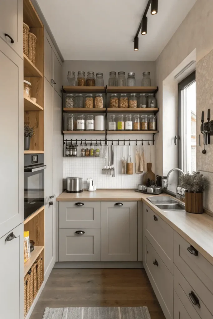 Small kitchen with tall cabinets, open shelving, and hanging racks showcasing efficient vertical storage solutions.